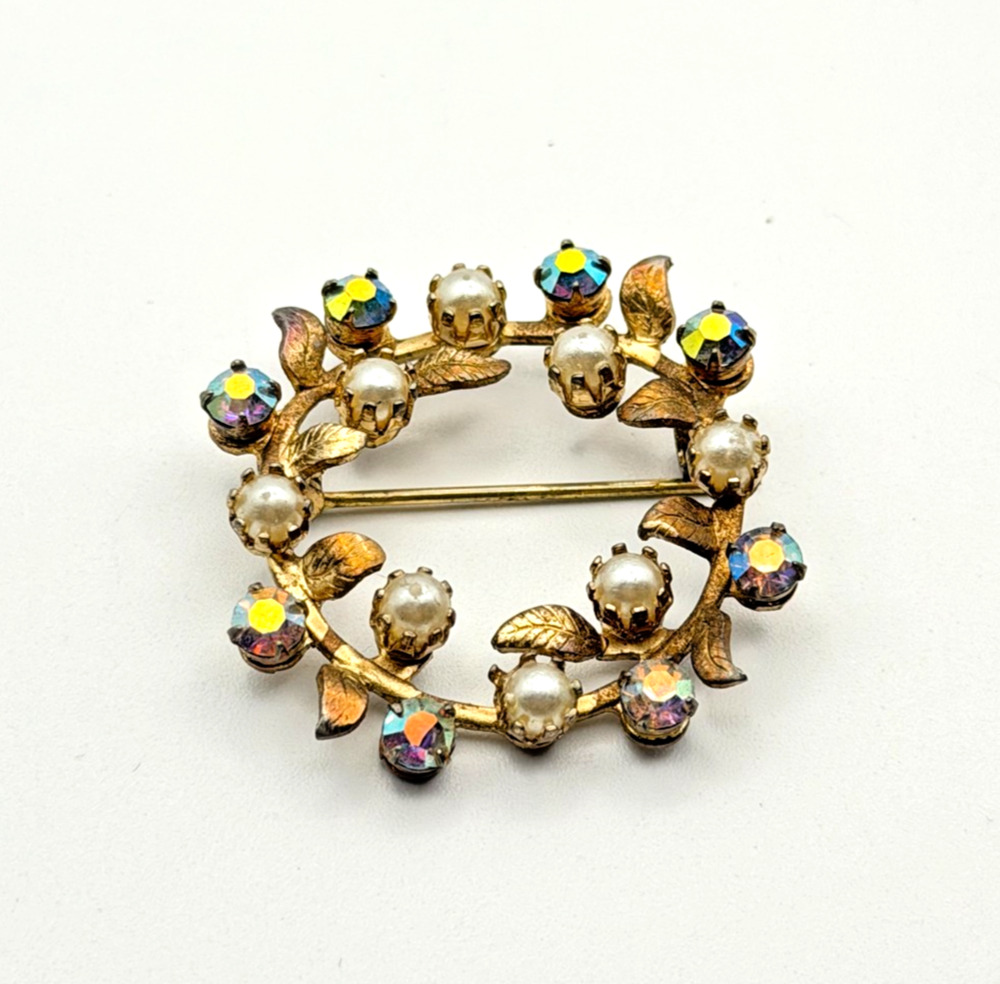 Vintage Gold Tone Wreath Brooch Faux Pearl AB Rhinestone Floral Circle Pin
